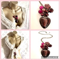 Muránói olasz üveggyöngy nyaklánc, hosszú nyaklánc, muránói és egyéb szép gyöngy nyakék, szív medál