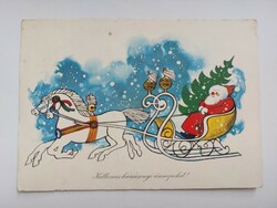 Régi karácsonyi képeslap 1970 retro levelezőlap Mikulás lovas szánnal