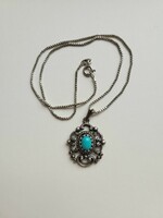 Art Nouveau turquoise stone filigree silver pendant with chain!