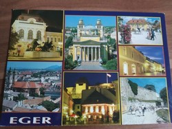 Eger, split postcard, postmark