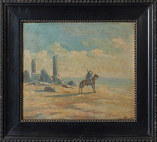 Baky Albert (1868-1944): Sivatagi tájkép, arab lovassal