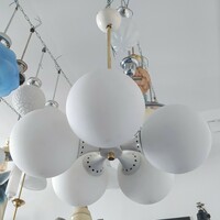 Retro - space age 5-burner chandelier renovated - frosted milk glass ball shade /white - copper/