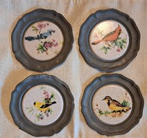 4 plates with a bird's pewter frame, wall decoration (m3862)