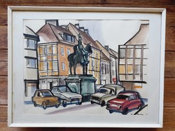 Equestrian statue of András Hadik in the castle, 1982, watercolour, 40 x 52 cm