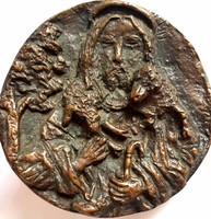 Gyönyörű Jézus a bárányokkal bronz plakett 12cm