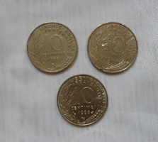 French currency - 10 cent coin (1974, 1975, 1998)