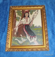 Antik goblein gobelin "Libapásztor lány" üvegezett képkeretben 41,5*50 cm