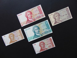Horvátország 5 darab dinár bankjegy LOT !!! Hajtatlan bankjegyek