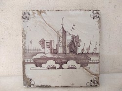 Antik delfti csempe 18. század barna épület motívum Delft törött ragasztott 573 7535