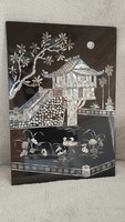 Gyöngyház berakásos , lakkfa kép keleti, japán , kínai tópart házzal