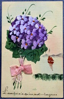 Antique hand painted postcard flower bouquet with real silk ribbon