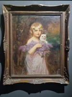 Senyei József: Lány cicával festmény Sennyey J. szignóval