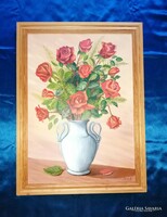 Virágcsendélet rózsa festmény fenyőfa képkeretben 58*78 cm