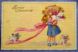 Art deco grafikus Születésnapi üdvözlő képeslap kislány rózsacsokor kutyusok