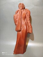 Art Deco Vintage Nő bundában terrakotta kerámia szobor jelzett hibátlan