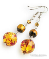Amber-like acrylic pearl earrings with gold-colored glass beads and gold-colored crystal