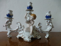 Cobalt blue, baroque-style three-pronged putto candle holder