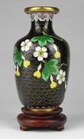 1N560 old oriental fire enamel vase on wooden pedestal 12.5 Cm