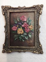 Bouquet of roses, oil painting miniature in a bronze frame