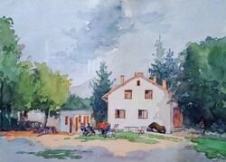 A ház kertjében - akvarell életkép, 1960, szocreál