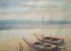 Két csónak a Balatonon - szignózott akvarell
