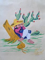 Mexikói furulyás a kaktusznál - szignózott tempera kép