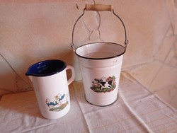 Small enamel bucket and spout left in good condition