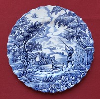 The Hunter by Myott angol porcelán kék jelenetes kistányér süteményes tányér vadász kutya mintával