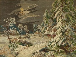 1N638 old framed winter landscape needlework tapestry 58 x 75 cm