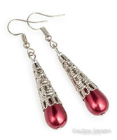 Drop-shaped earrings with burgundy glass beads and a cone-shaped lace bead cap.