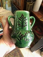 Mezőtúri green, black-glazed two-handled vase, height 16 cm.