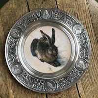Régi Albert Dürer porcelán fali tányér ón kerettel