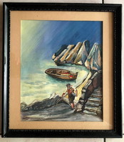 Barday:Öreg halász , kerettel :43 x 38 cm
