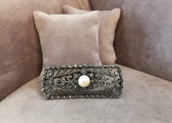 Antique silver brooch with marcasite and pearl