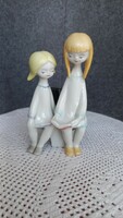 Hollóházi art deco olvasó lányok, jelzett, hibátlan, 15 X 8 cm