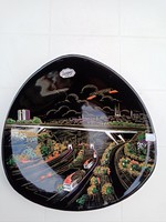 Vintage francia Longwy  fekete porcelán / kerámia  domborműves fali tányér: Luxembourgi látkép