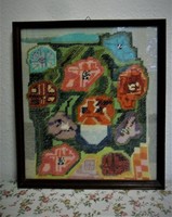 Old glazed tapestry picture, in a wooden frame. 49 X 44 cm