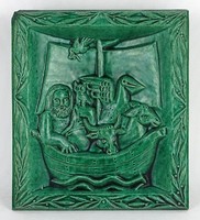 1N747 Noé bárkája zöld mázas samott falidísz 24.5 x 21.5 cm