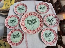 SCHÜTZ BLANSKO (1870 -1900) rózsás majolika sütemény kínáló + 6 db süteményes tányér készletben