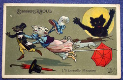 Antik humoros grafikus litho képeslap egér hölgy és úr  cica rémtől menekül