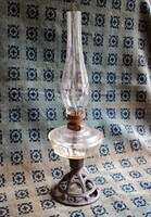 Petroleum lámpa , antik , szecesszió , öntött vas talpazat , üveg lámpatest 39 cm
