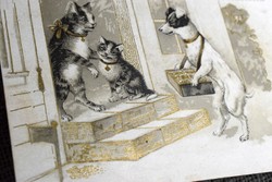 Antik grafikus litho nem képeslap / cicáéknál házaló kutyus - hátoldala Le Bon Marché áruház reklám