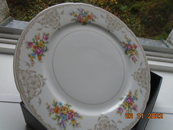 Antik hibátlan cseh TK Thun színes virágcsokros, barokk rózsafűzéres rácsmintás jelzett tál 26 cm