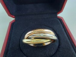 229T. Cartier Trinity 18k Tricolor Arany gyűrű Brillekkel, Eredeti dobozával, certifikációval.
