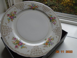 Antik hibátlan cseh TK Thun színes virágcsokros, barokk rózsafűzéres rácsmintás jelzett tál 26 cm