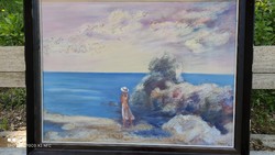 Véghseő Klára Tengerpart olaj farost festmény 80 cm x 60 cm