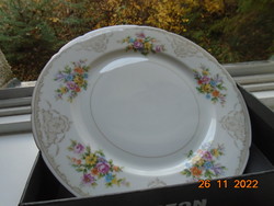 Antik hibátlan cseh TK Thun színes virágcsokros, barokk rózsafűzéres rácsmintás tál 26 cm