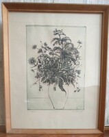 Virágok rézkarc- papír technikával készült kép, faléc keretben.