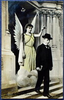 Antik montázs  fotó képeslap  templom kisfiú angyal ként hölgy