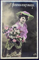 Antik fotó képeslap  hölgy virággal